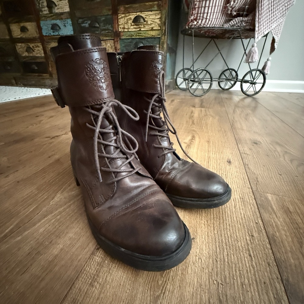 Vince Camuto Taryn Brown Leather Combat Boots Womens Sz 8 Lace Up Booties - Picture 4 of 8